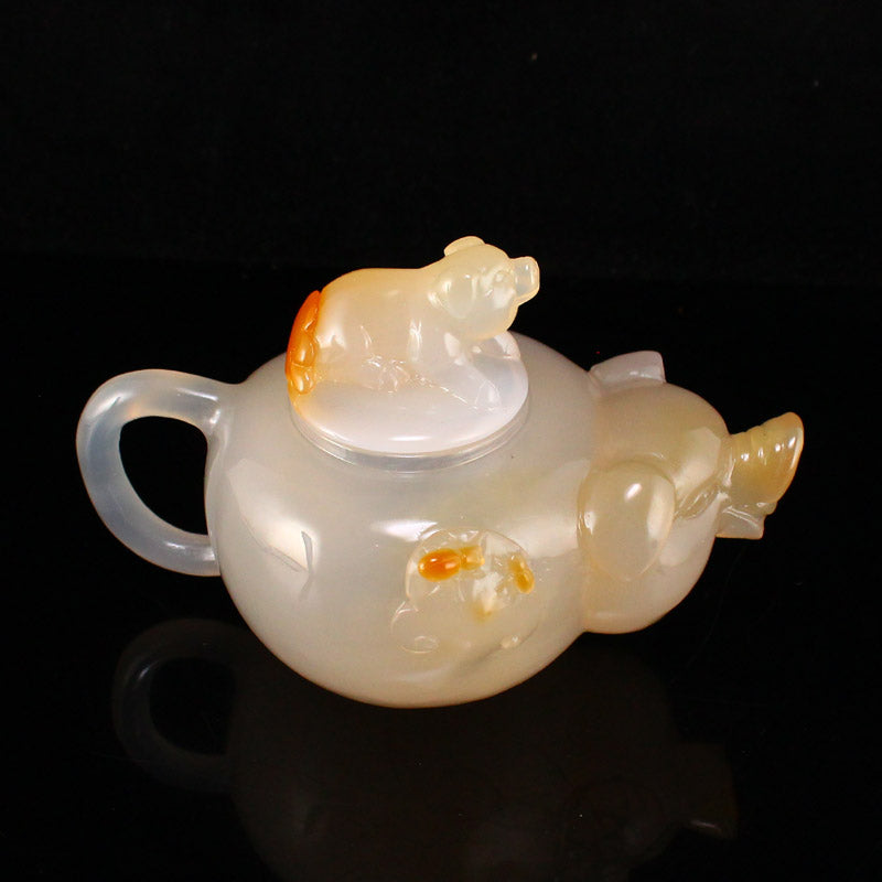 Chinese Agate Fortune Pig Teapot w Certificate