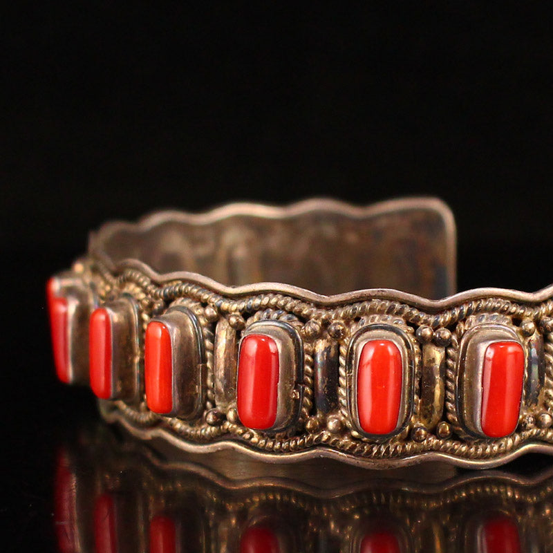 Old Chinese Pure Silver Inlay Red Coral Bracelet