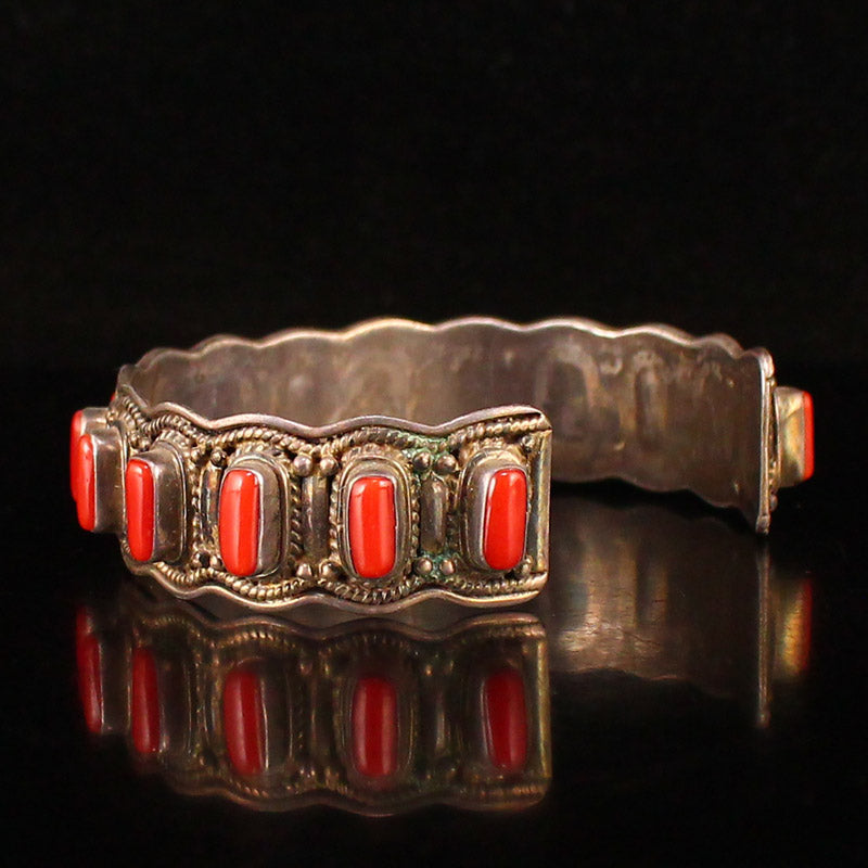 Old Chinese Pure Silver Inlay Red Coral Bracelet