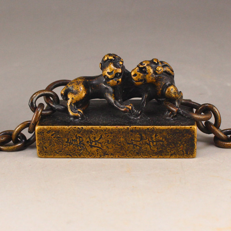 Chinese Copper Divine Beast Braced Chain Seals