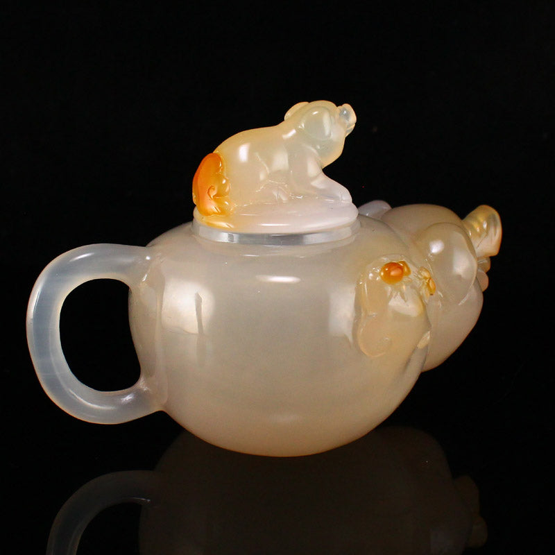 Chinese Agate Fortune Pig Teapot w Certificate