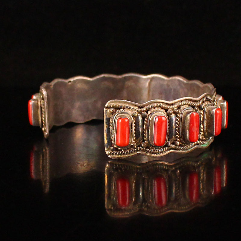 Old Chinese Pure Silver Inlay Red Coral Bracelet