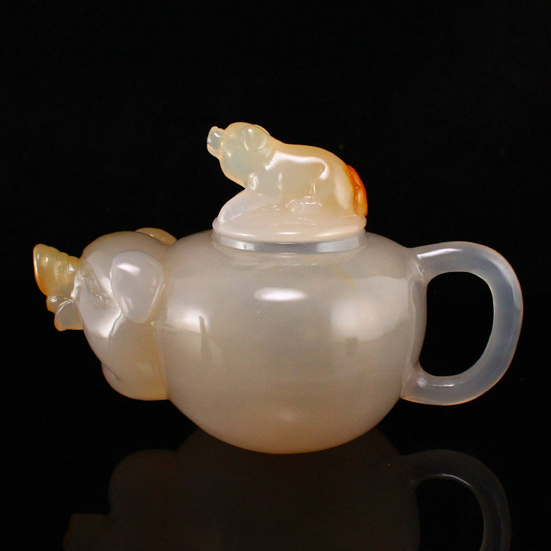 Chinese Agate Fortune Pig Teapot w Certificate