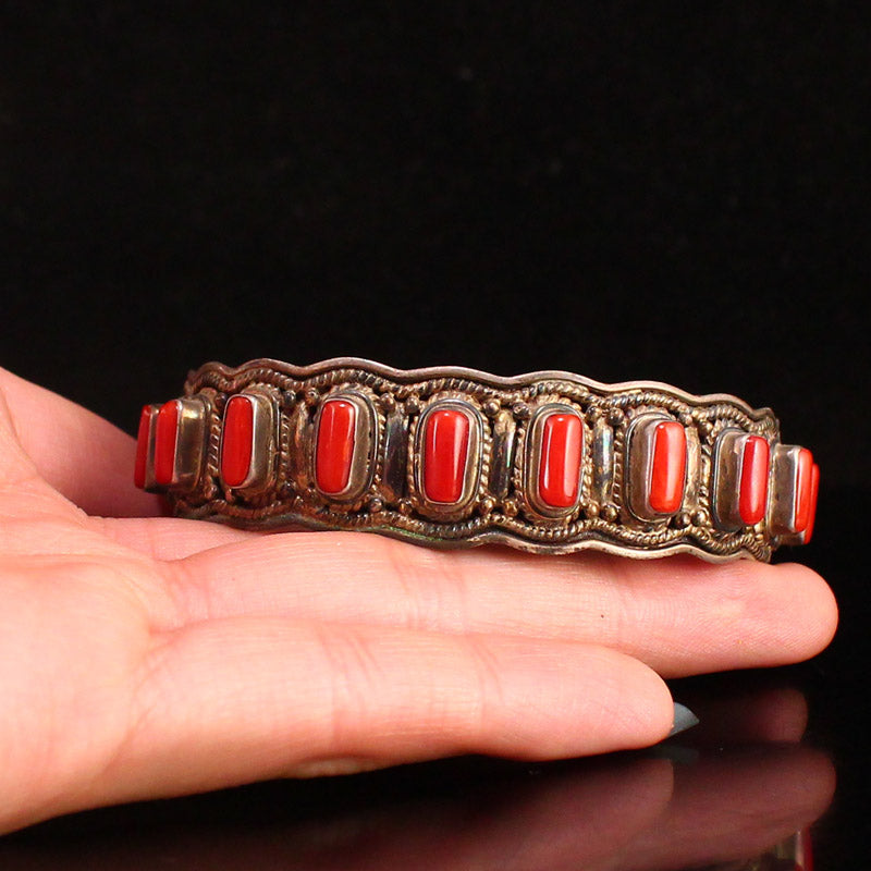 Old Chinese Pure Silver Inlay Red Coral Bracelet