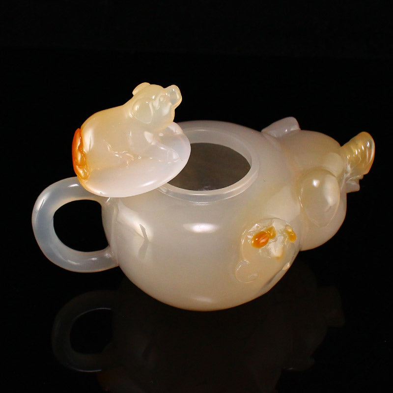 Chinese Agate Fortune Pig Teapot w Certificate