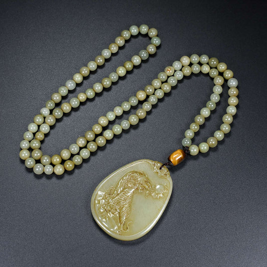 108 Beads Chinese Natural Hetian Jade Round Beads Necklace w Tiger Pendant