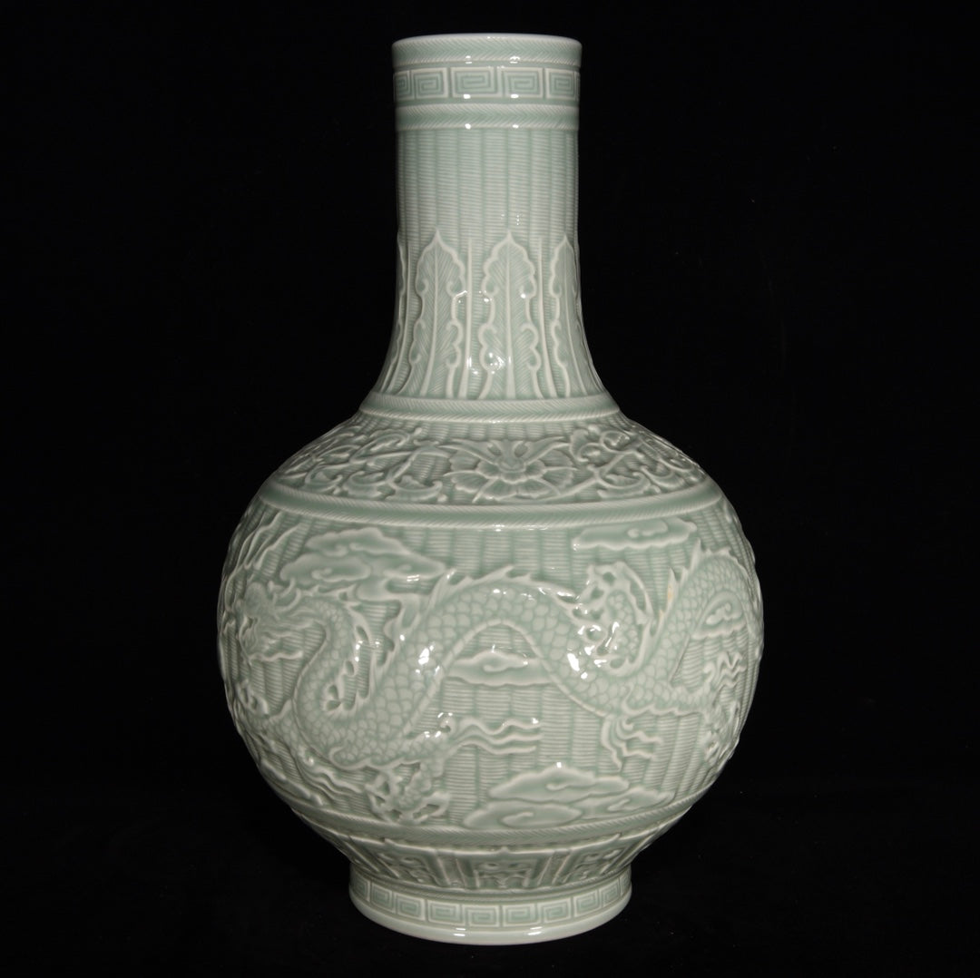 Chinese Green Glaze Low Relief Fortune Dragon Porcelain Vase