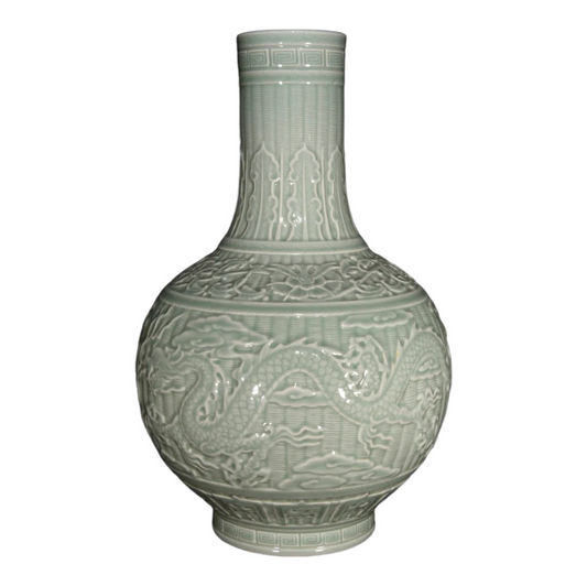Chinese Green Glaze Low Relief Fortune Dragon Porcelain Vase