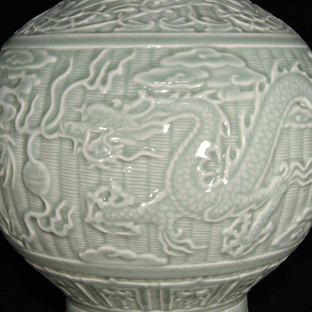 Chinese Green Glaze Low Relief Fortune Dragon Porcelain Vase