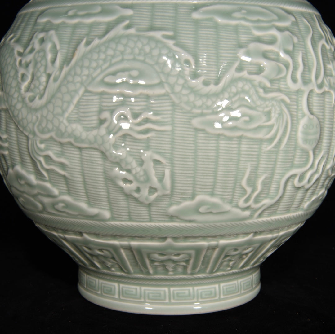 Chinese Green Glaze Low Relief Fortune Dragon Porcelain Vase