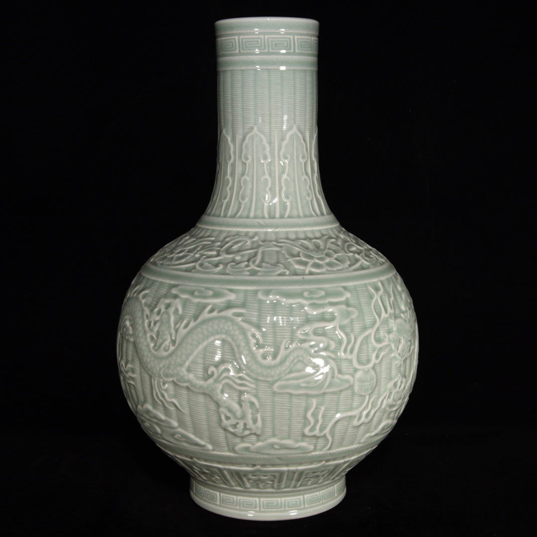 Chinese Green Glaze Low Relief Fortune Dragon Porcelain Vase