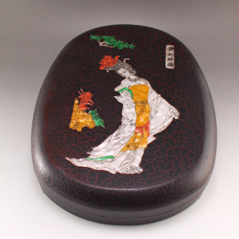 Vintage Chinese Poetic Prose Duan Inkstone With Lacquerware Inlay Shell Box