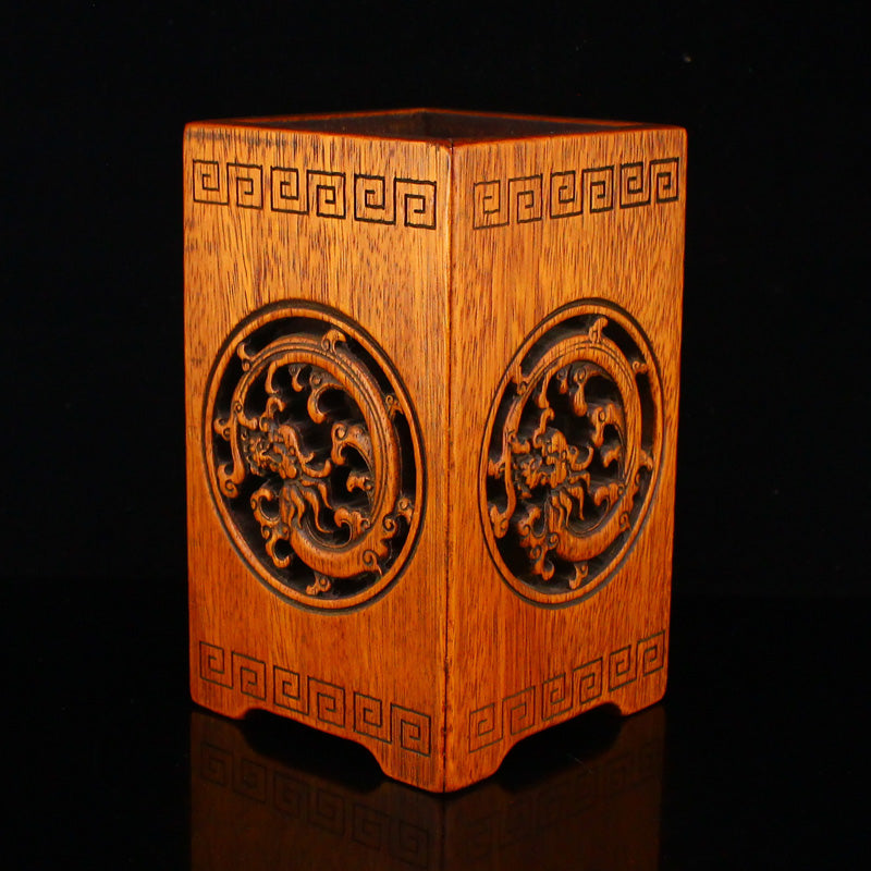 Openwork Chinese Boxwood Wood Dragon Brush Pot