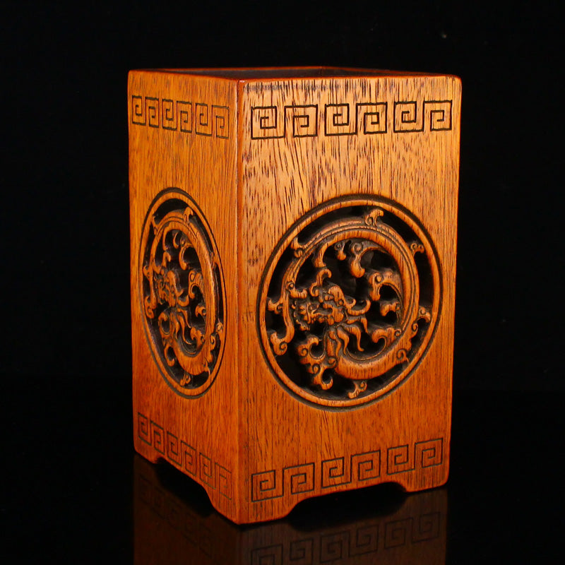 Openwork Chinese Boxwood Wood Dragon Brush Pot