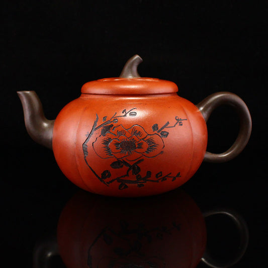 Chinese Yixing Zisha Clay Teapot w Gilt Gold Lacquerware Low Relief Dragon Design Box