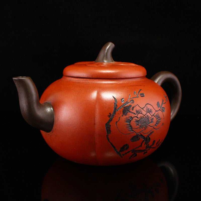 Chinese Yixing Zisha Clay Teapot w Gilt Gold Lacquerware Low Relief Dragon Design Box