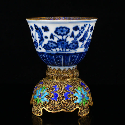 Superb Chinese Gilt Edge Blue And White Porcelain Cup w Gold Wire Enamel Base