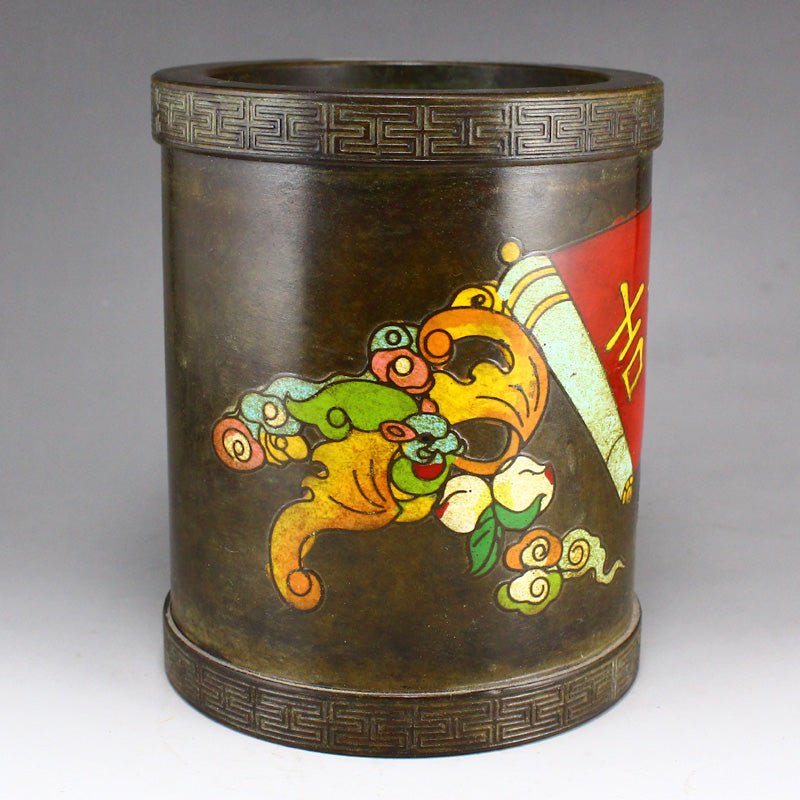 Chinese Bronze Enamel Fortune Bat & Peach Brush Pot