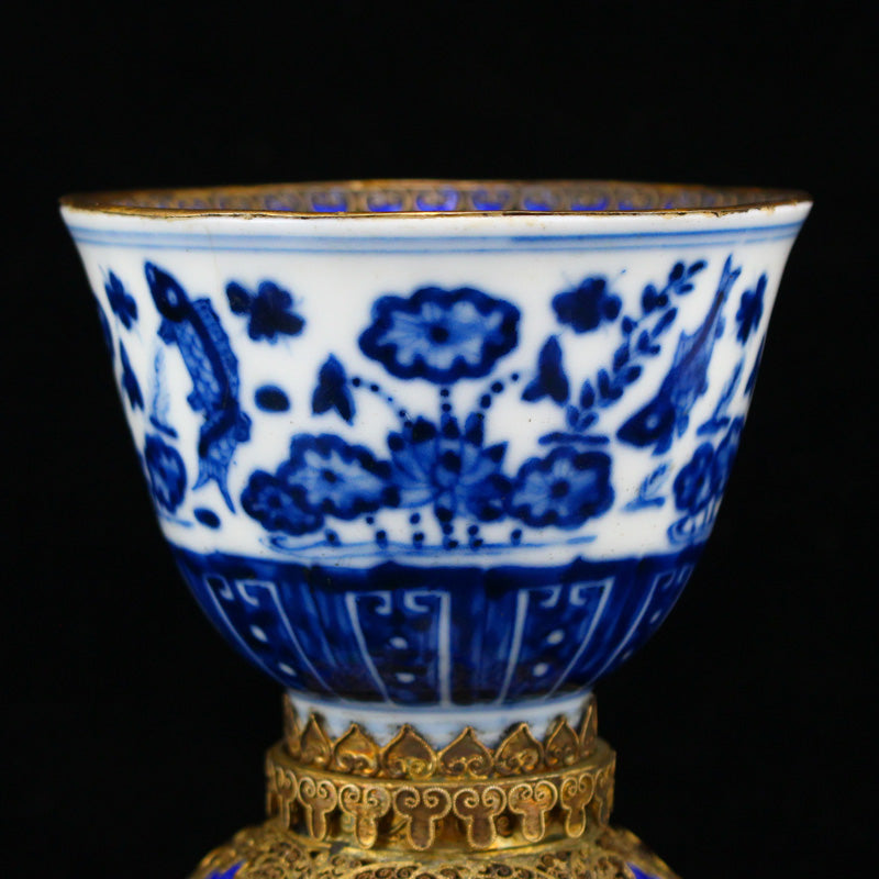 Superb Chinese Gilt Edge Blue And White Porcelain Cup w Gold Wire Enamel Base