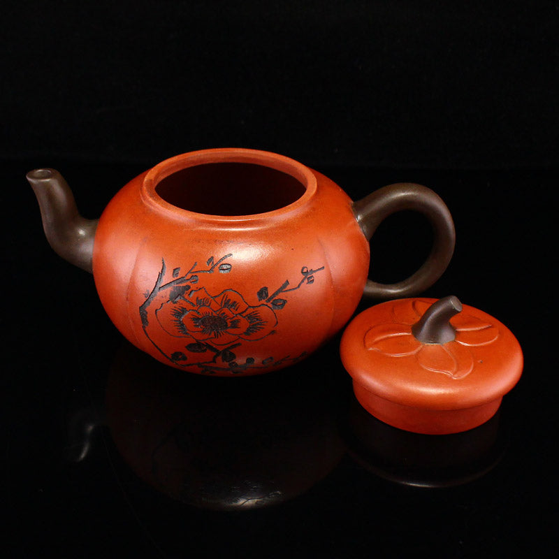 Chinese Yixing Zisha Clay Teapot w Gilt Gold Lacquerware Low Relief Dragon Design Box