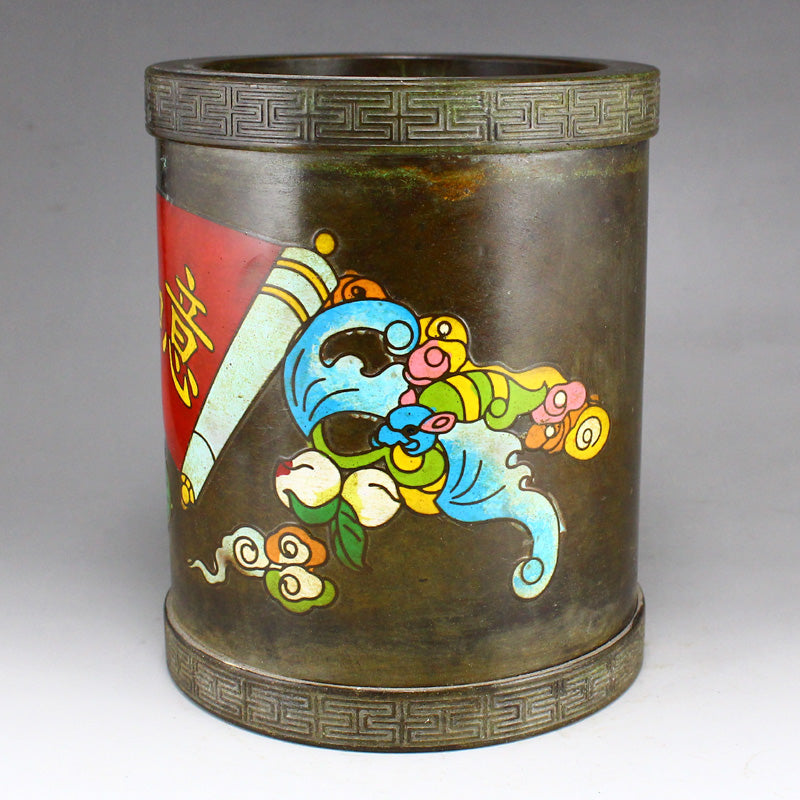 Chinese Bronze Enamel Fortune Bat & Peach Brush Pot