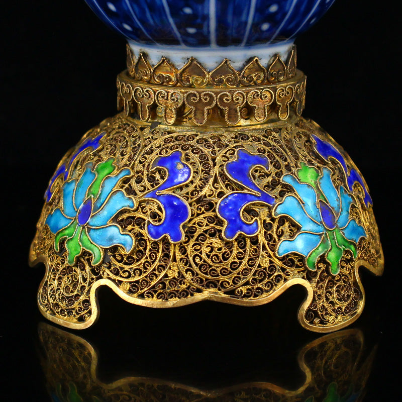 Superb Chinese Gilt Edge Blue And White Porcelain Cup w Gold Wire Enamel Base