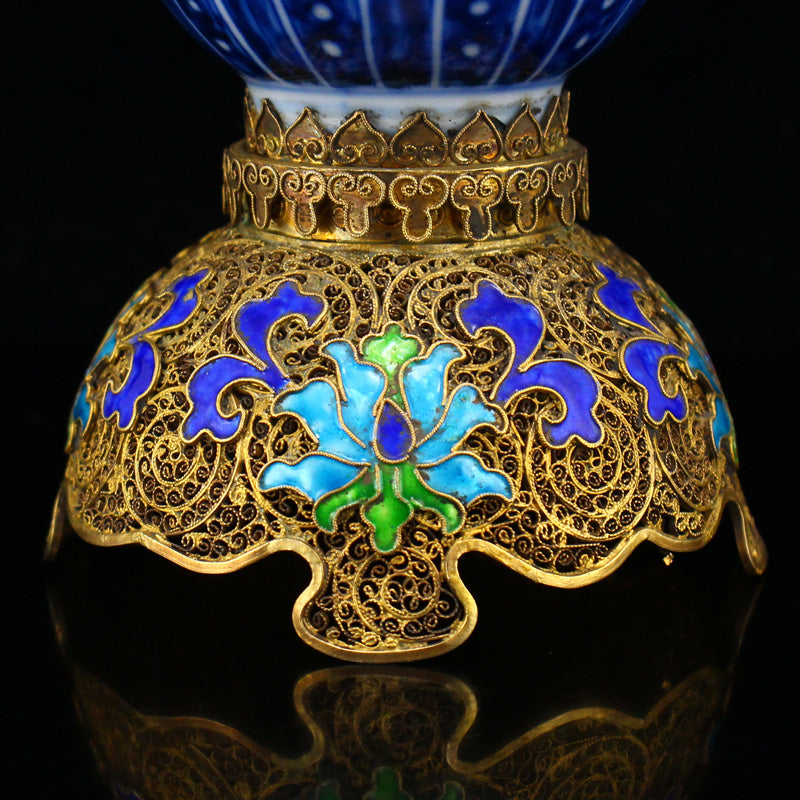 Superb Chinese Gilt Edge Blue And White Porcelain Cup w Gold Wire Enamel Base