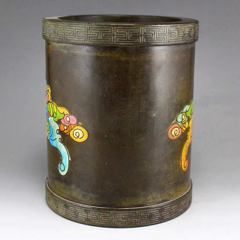 Chinese Bronze Enamel Fortune Bat & Peach Brush Pot