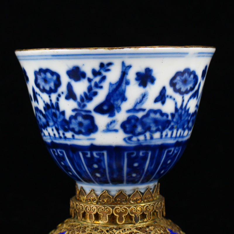 Superb Chinese Gilt Edge Blue And White Porcelain Cup w Gold Wire Enamel Base