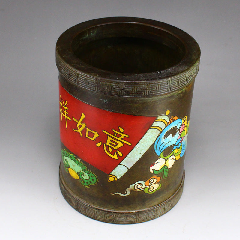 Chinese Bronze Enamel Fortune Bat & Peach Brush Pot