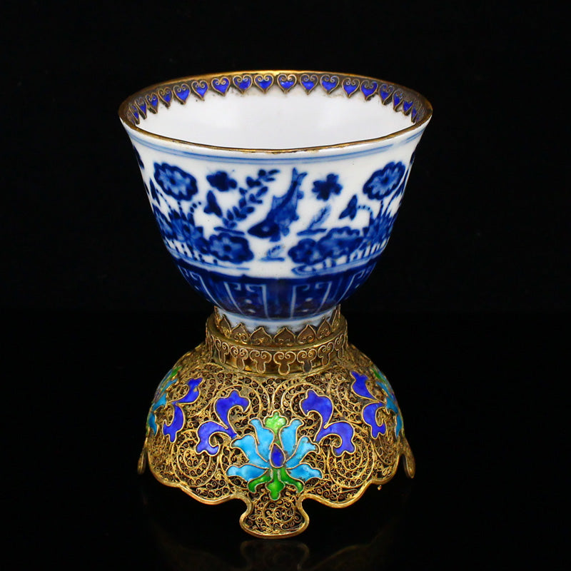 Superb Chinese Gilt Edge Blue And White Porcelain Cup w Gold Wire Enamel Base