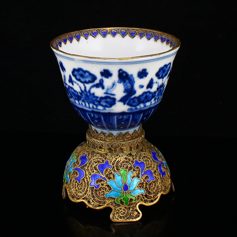 Superb Chinese Gilt Edge Blue And White Porcelain Cup w Gold Wire Enamel Base