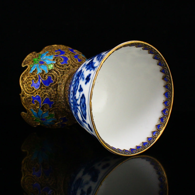 Superb Chinese Gilt Edge Blue And White Porcelain Cup w Gold Wire Enamel Base