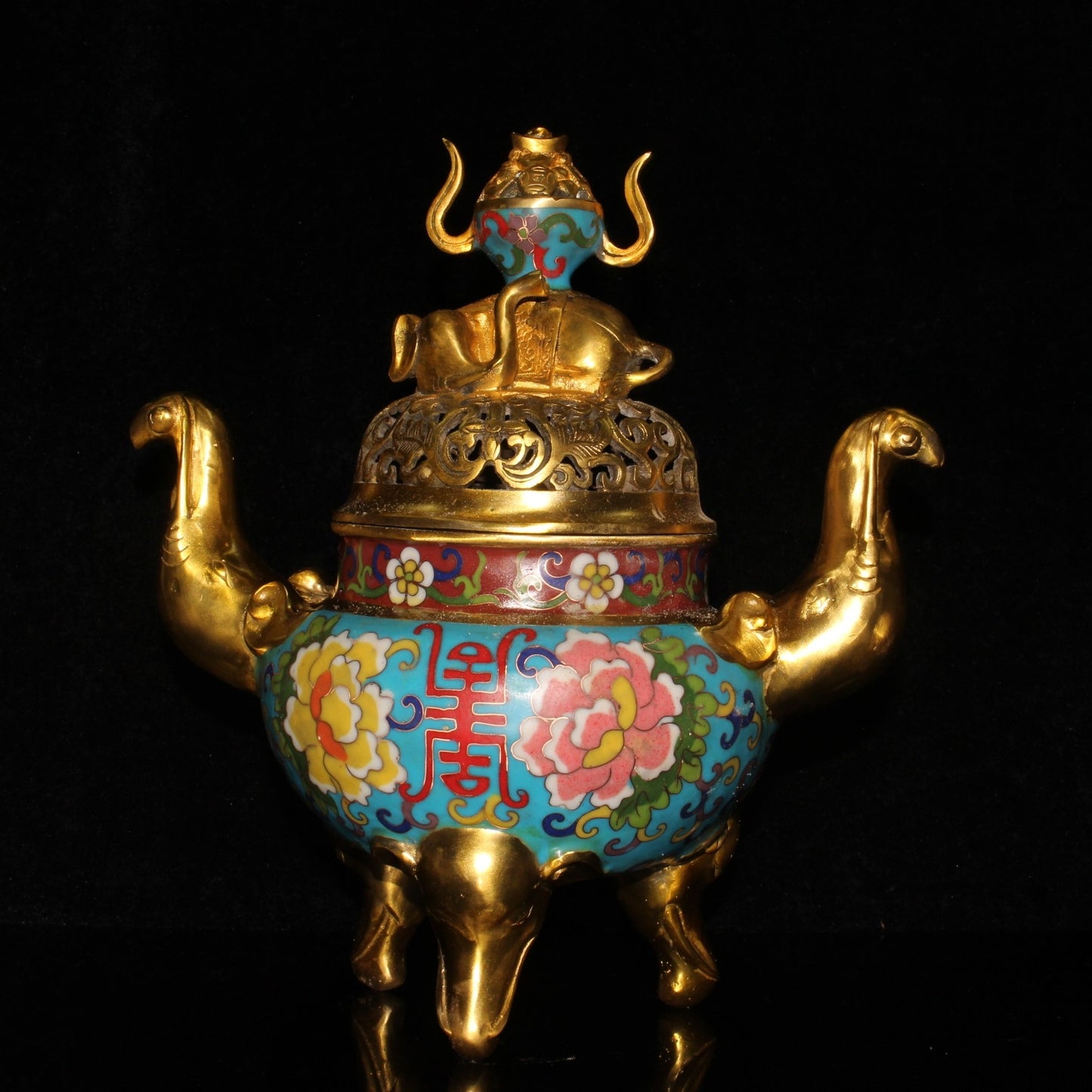 Chinese Gilt Gold Copper Cloisonne Double Ears 3 Legs Elephant Incense Burner