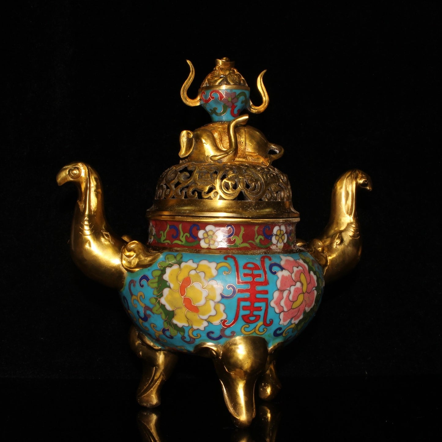 Chinese Gilt Gold Copper Cloisonne Double Ears 3 Legs Elephant Incense Burner