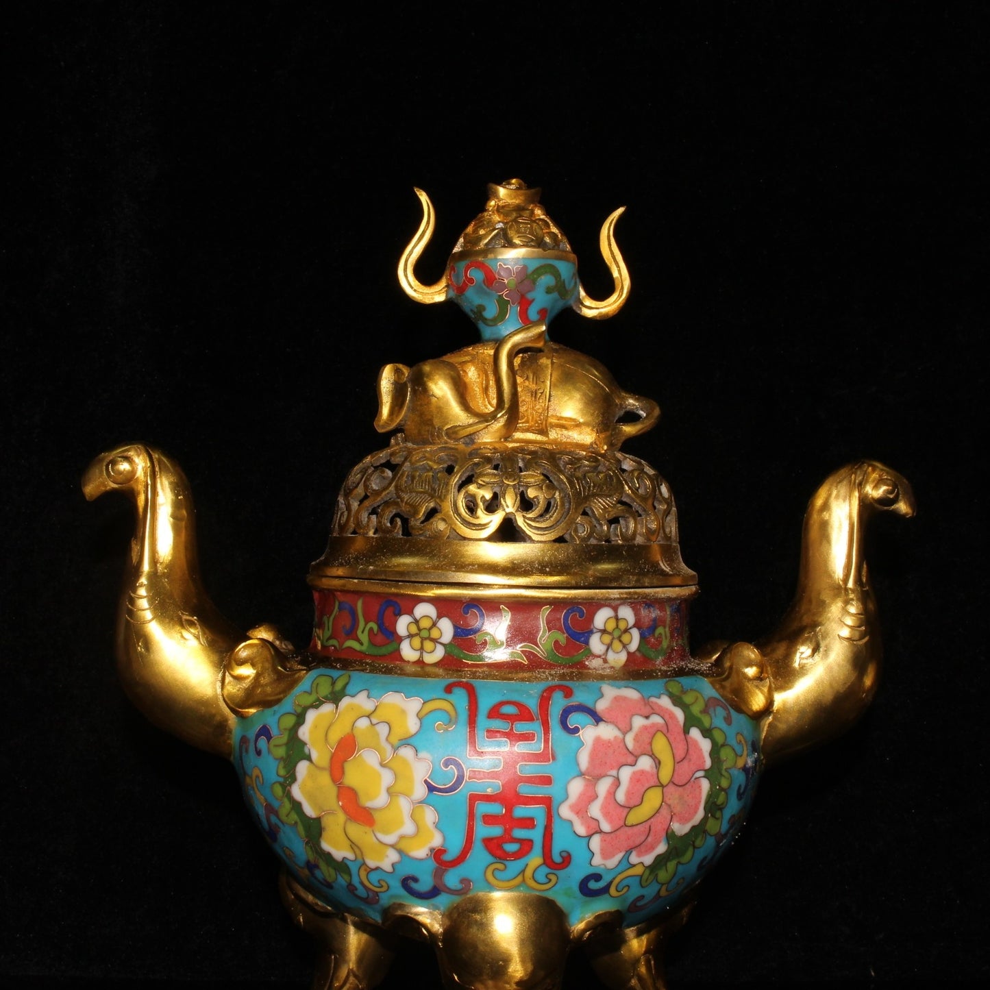 Chinese Gilt Gold Copper Cloisonne Double Ears 3 Legs Elephant Incense Burner