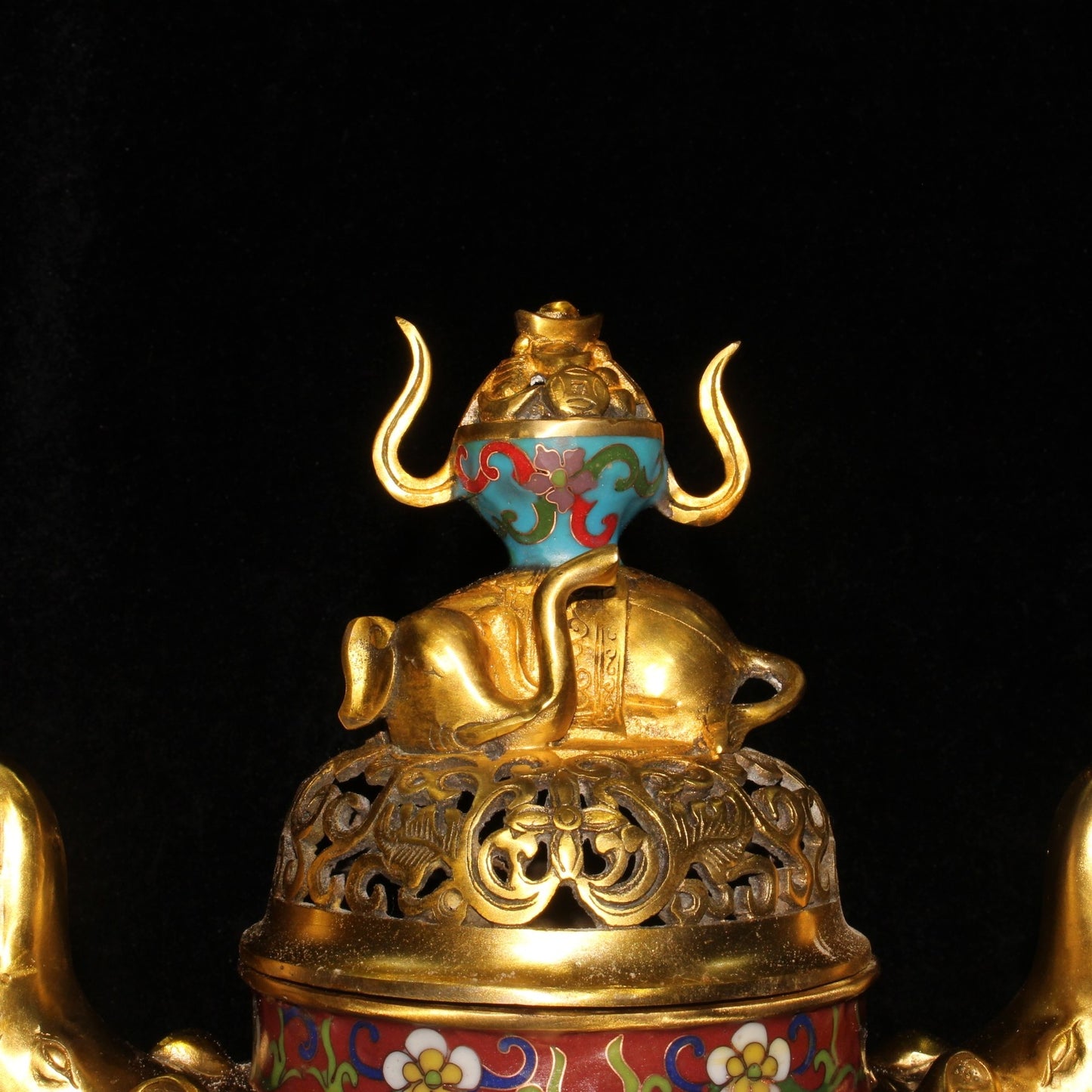 Chinese Gilt Gold Copper Cloisonne Double Ears 3 Legs Elephant Incense Burner