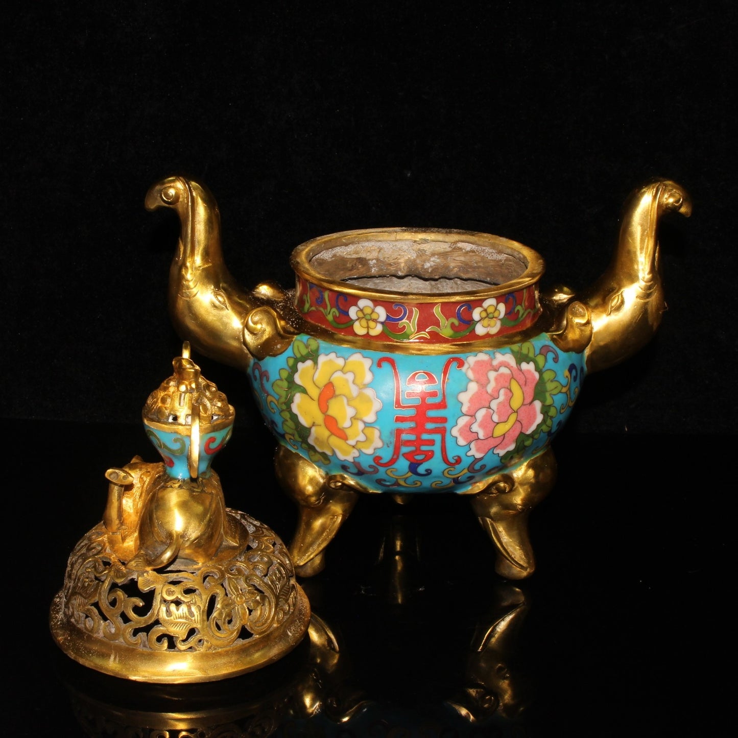 Chinese Gilt Gold Copper Cloisonne Double Ears 3 Legs Elephant Incense Burner