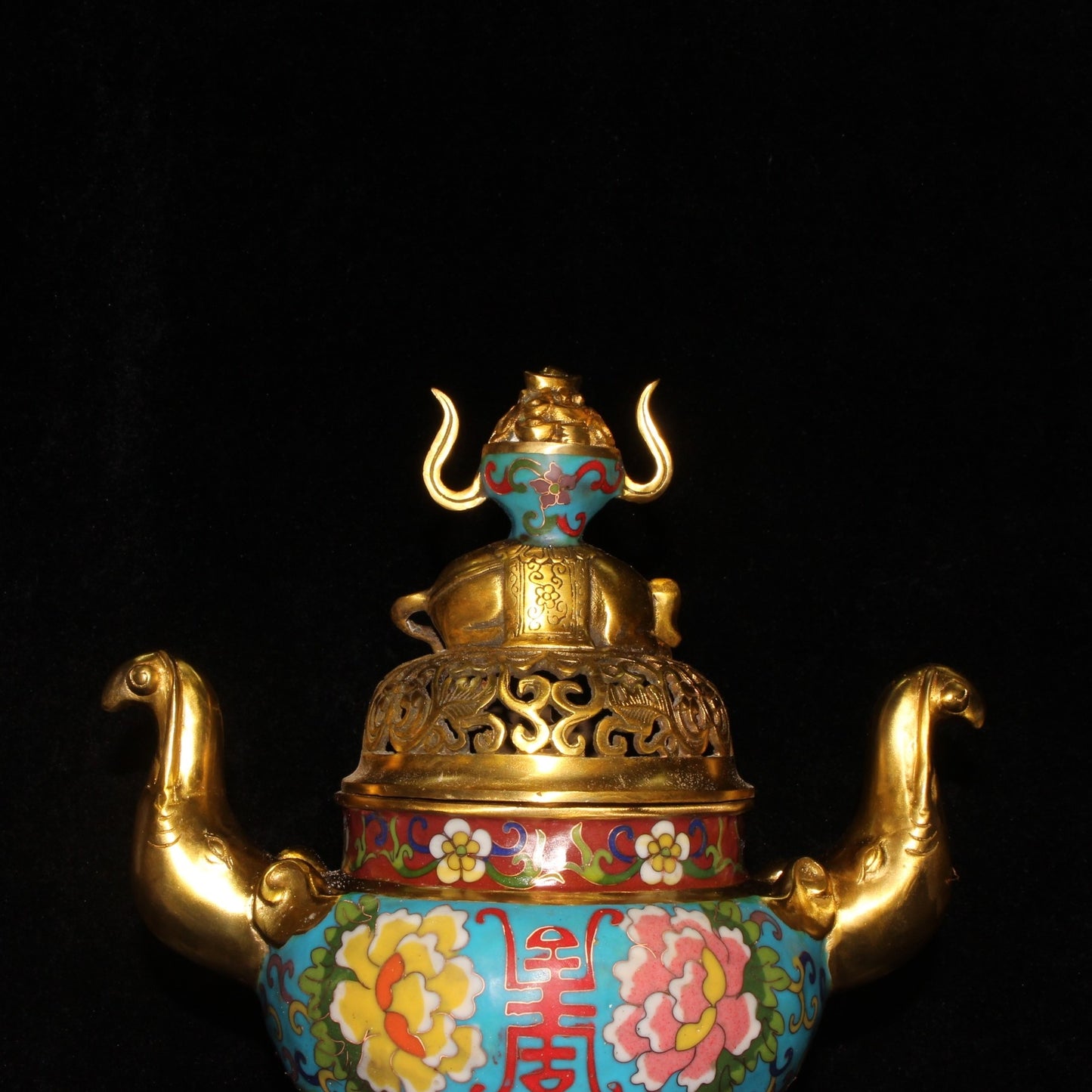 Chinese Gilt Gold Copper Cloisonne Double Ears 3 Legs Elephant Incense Burner