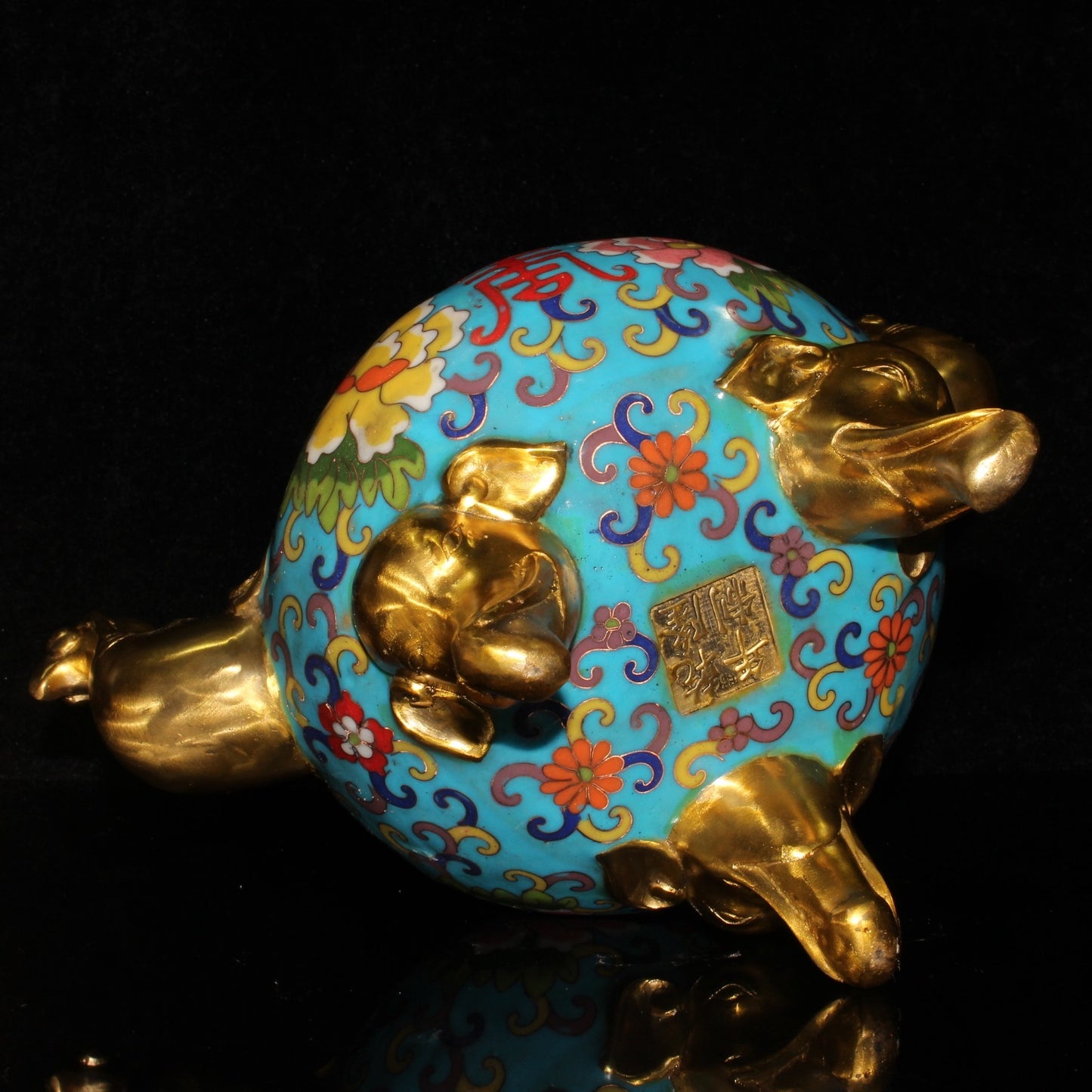 Chinese Gilt Gold Copper Cloisonne Double Ears 3 Legs Elephant Incense Burner