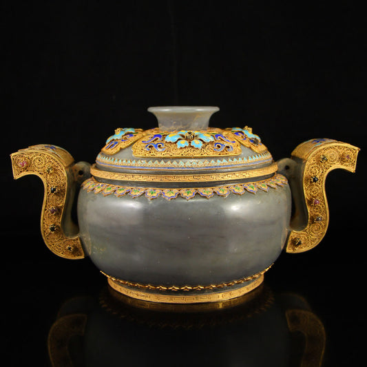 Superb Vintage Chinese Hetian Jade Inlay Gold Wire Enamel & Gem Big Incense Burner