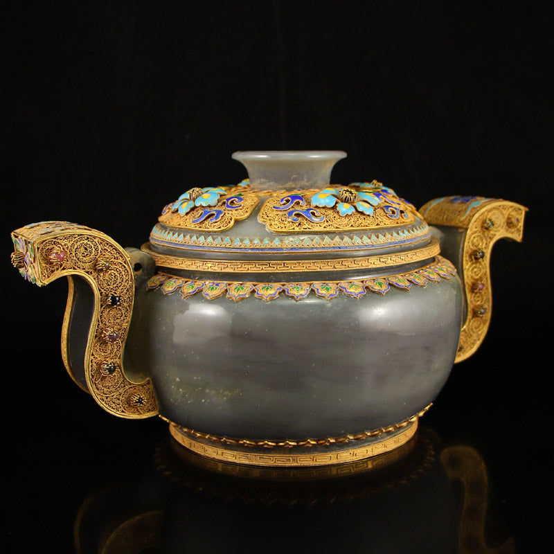 Superb Vintage Chinese Hetian Jade Inlay Gold Wire Enamel & Gem Big Incense Burner