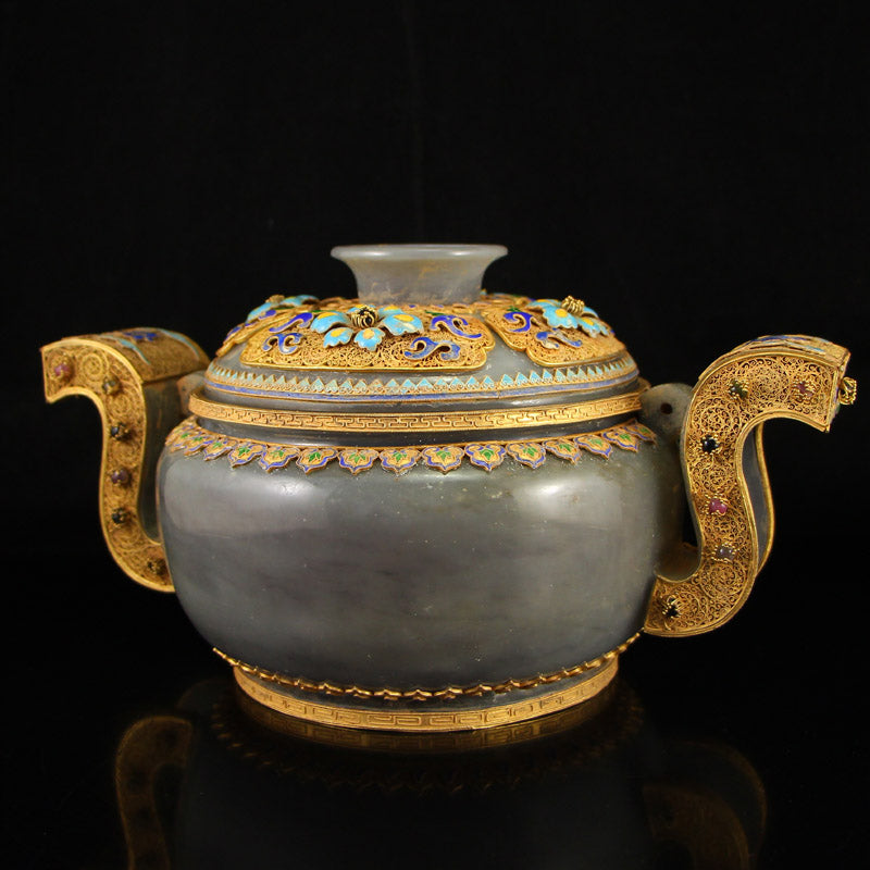 Superb Vintage Chinese Hetian Jade Inlay Gold Wire Enamel & Gem Big Incense Burner