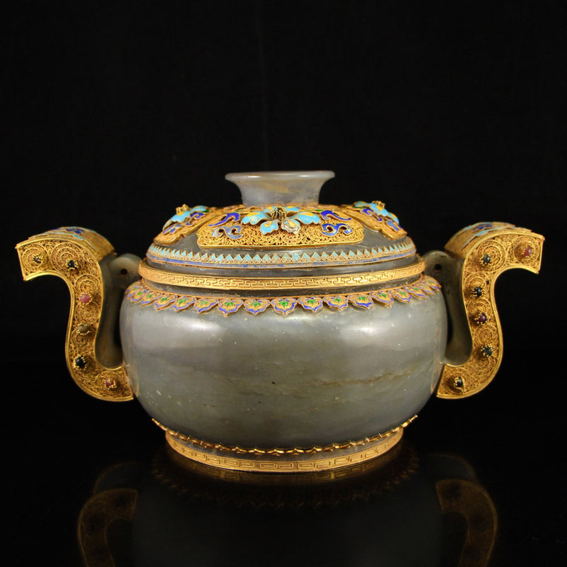 Superb Vintage Chinese Hetian Jade Inlay Gold Wire Enamel & Gem Big Incense Burner