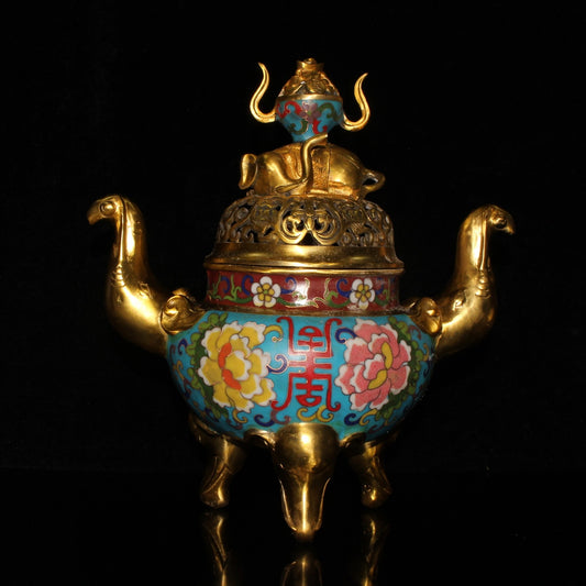 Chinese Gilt Gold Copper Cloisonne Double Ears 3 Legs Elephant Incense Burner