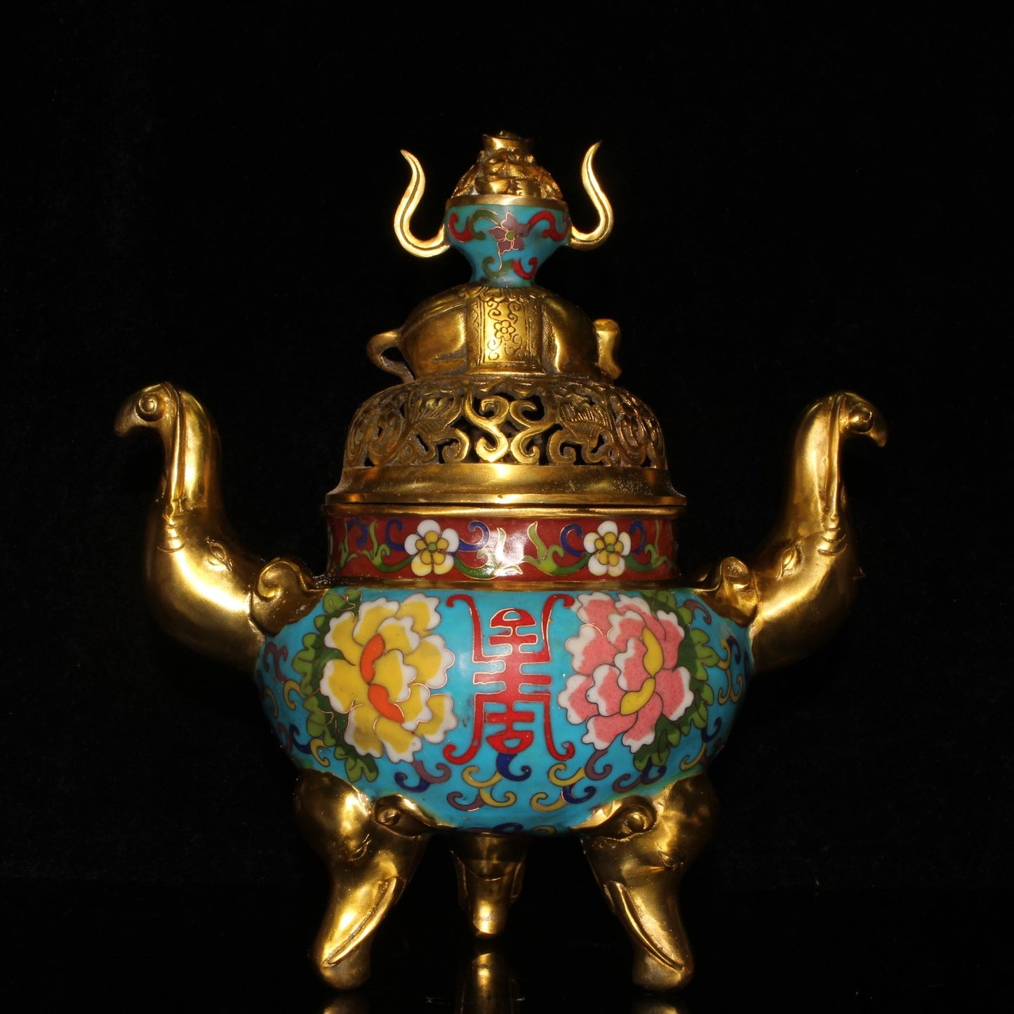 Chinese Gilt Gold Copper Cloisonne Double Ears 3 Legs Elephant Incense Burner