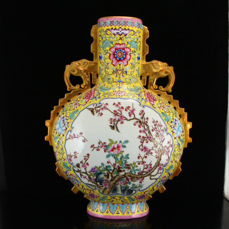 Chinese Gilt Gold Yellow Ground Famille Rose Porcelain Phoenix Vase