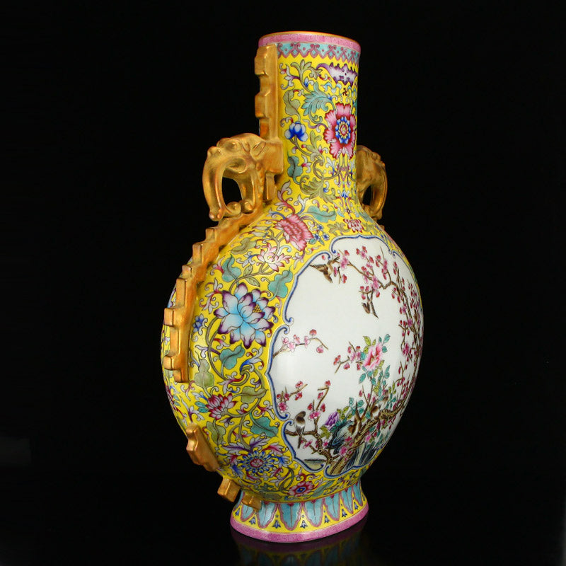 Chinese Gilt Gold Yellow Ground Famille Rose Porcelain Phoenix Vase