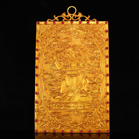 Superb Chinese Gilt Gold Copper Boddhisattva & Sutras Tangka