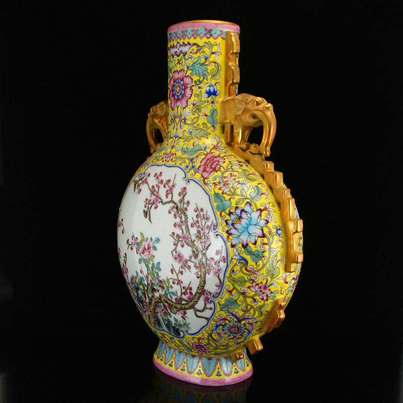 Chinese Gilt Gold Yellow Ground Famille Rose Porcelain Phoenix Vase